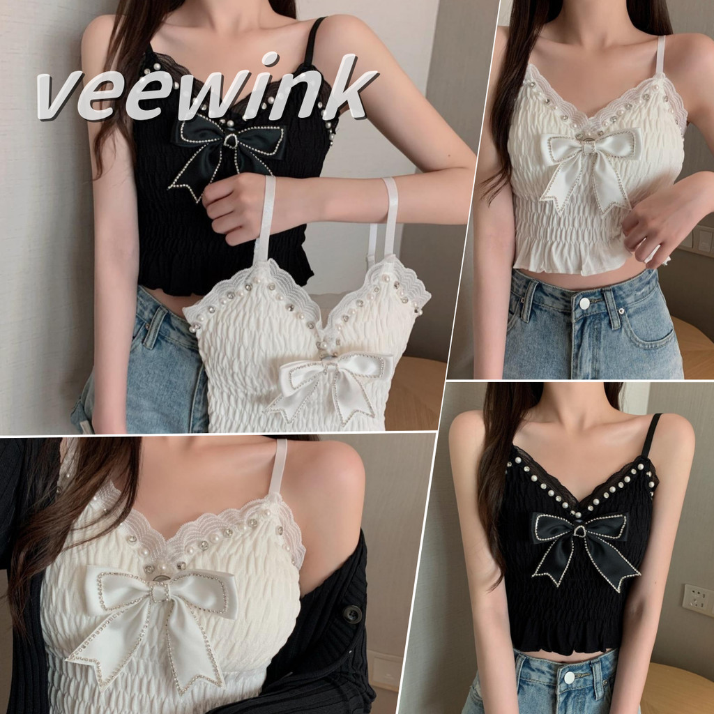 Veewink ฤดูร้อนรูปแบบใหม่ เสื้อกล้ามครอป ลูกไม้ลูกไม้ สไตล์เกาหลีทรงเกาะอกเซ็กซี่ เสื้อกล้าม /สายเดี่ยว เย็นสบายและสบา