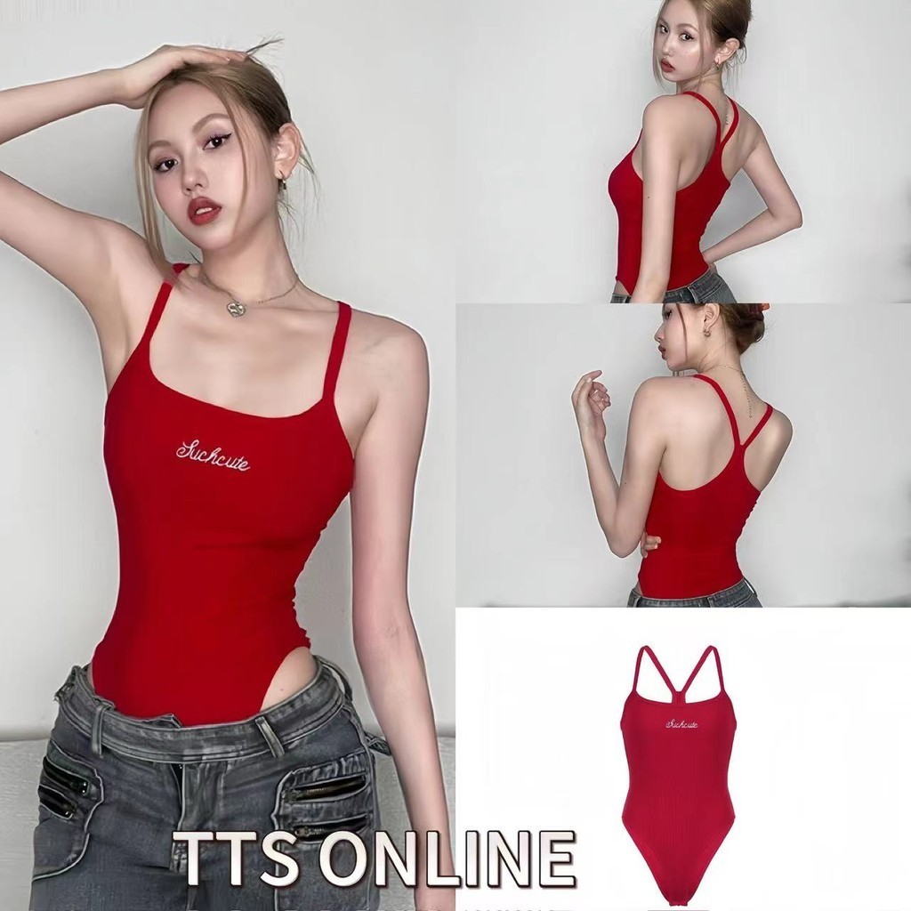 TTS เสื้อสายเดี่ยวปักตัวอักษรสีแดงย้อนยุคอเมริกันเซ็กซี่สำหรับผู้หญิง