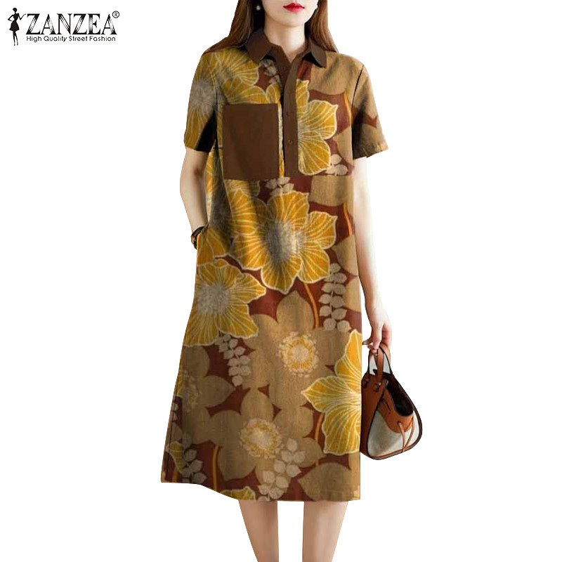 Zanzea ผู ้ หญิงเกาหลีลําลองแขนสั ้ นพิมพ ์ Turn-Down-Collar Pockets Shirtdress