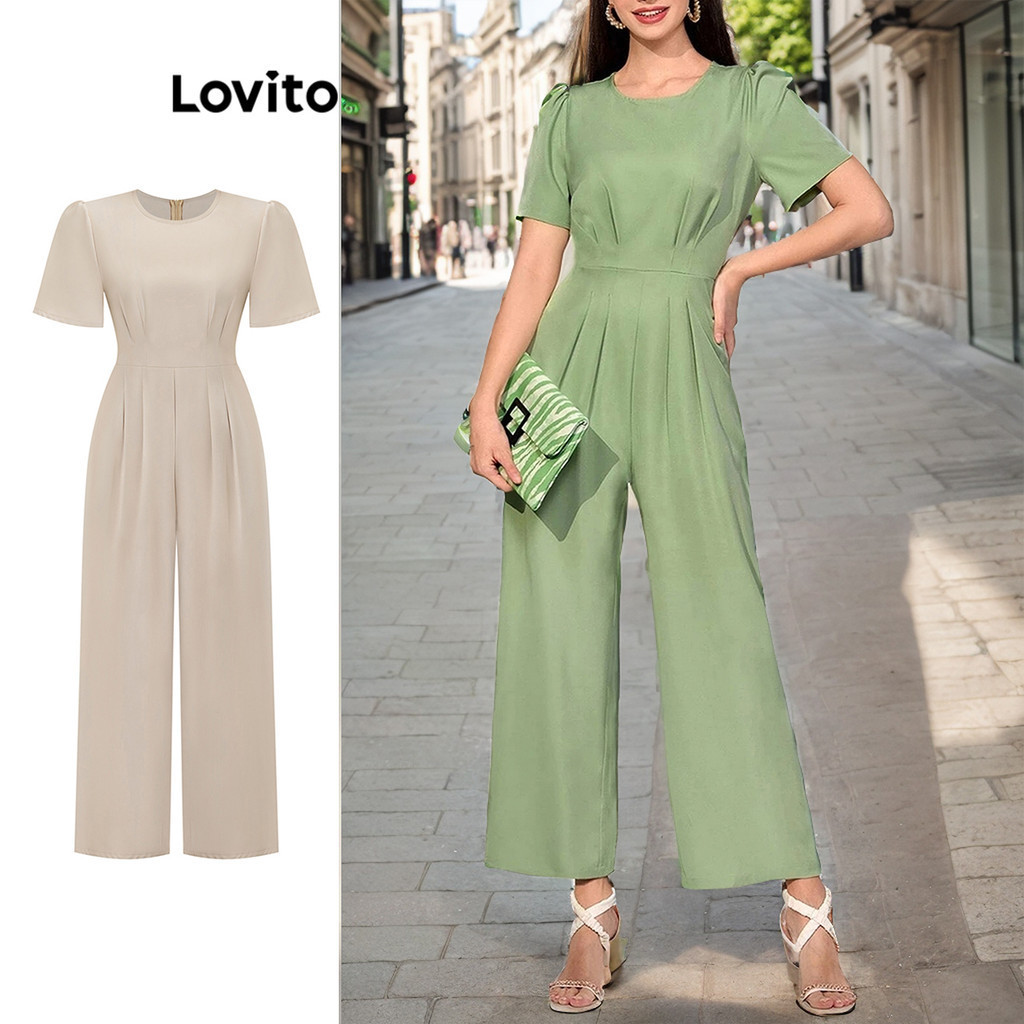 Lovito จั้มสูทผู้หญิง จับจีบ สีพื้น สไตล์ลำลอง สำหรับผู้หญิง L71ED246 (สีแอปริคอท/สีเขียว)