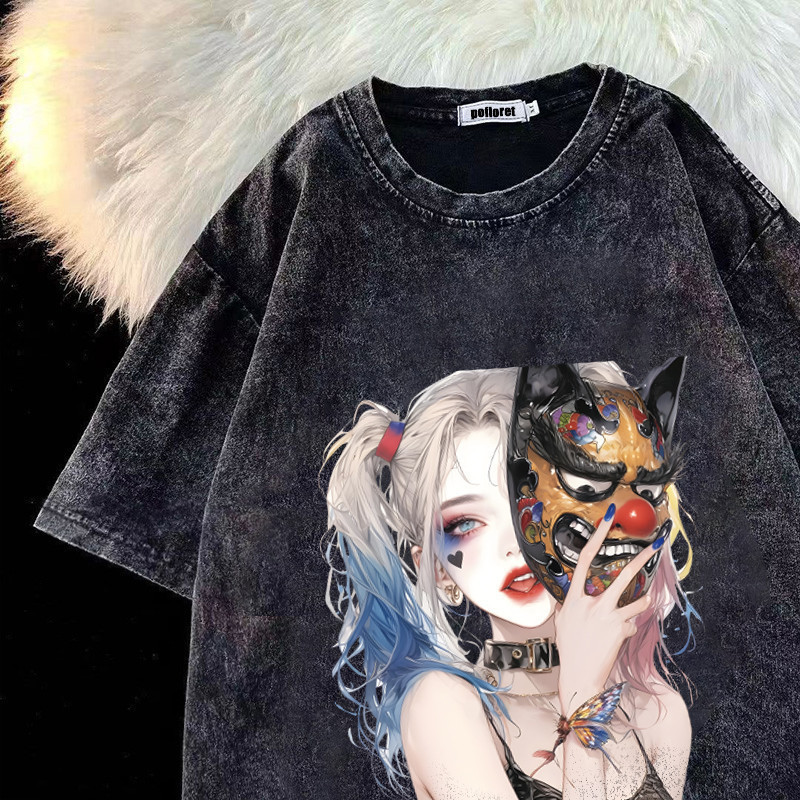 CC chao（ จัดส่งตลอด 24 ชั่วโมง ）S-XXXL เสื้อยืดฟอก oversize ผ้าฝ้าย 100% สีดําเข้ม เรโทร สําหรับผู้หญิง