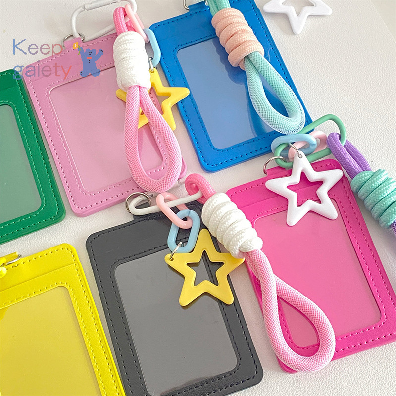 [Keepgaiety] Portable Candy Color Pu Leather Business ID Card Credit Badge Holder Coin Purse Wallet Bus Cards Cover With Keychain [ใหม่]