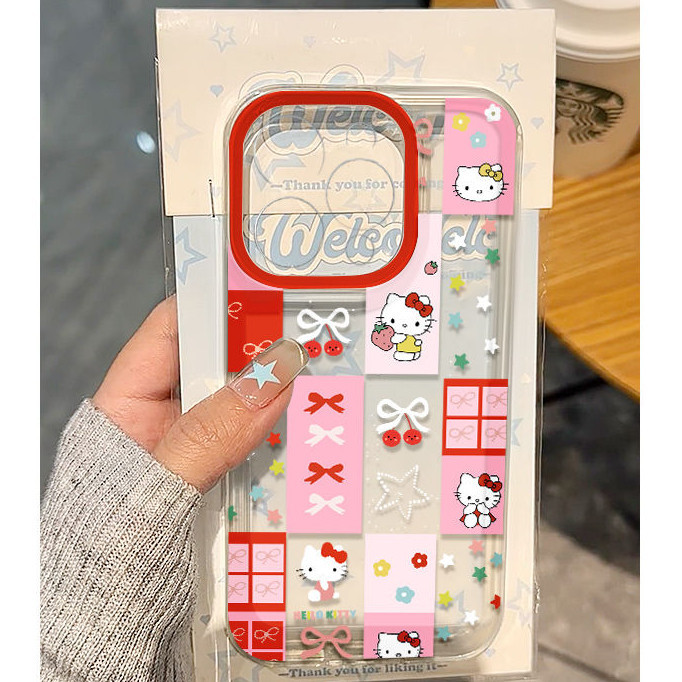 ลายสก ๊ อตสีชมพู Hello Kitty Pattern เคสโทรศัพท ์ ซิลิโคนใสเหมาะสําหรับ iPhone x/xs/xr/xsmax/7/8plus/11Promax/12/13/14Promax/15 เคสป ้ องกันแบบรวมทุกอย ่ างกันกระแทก