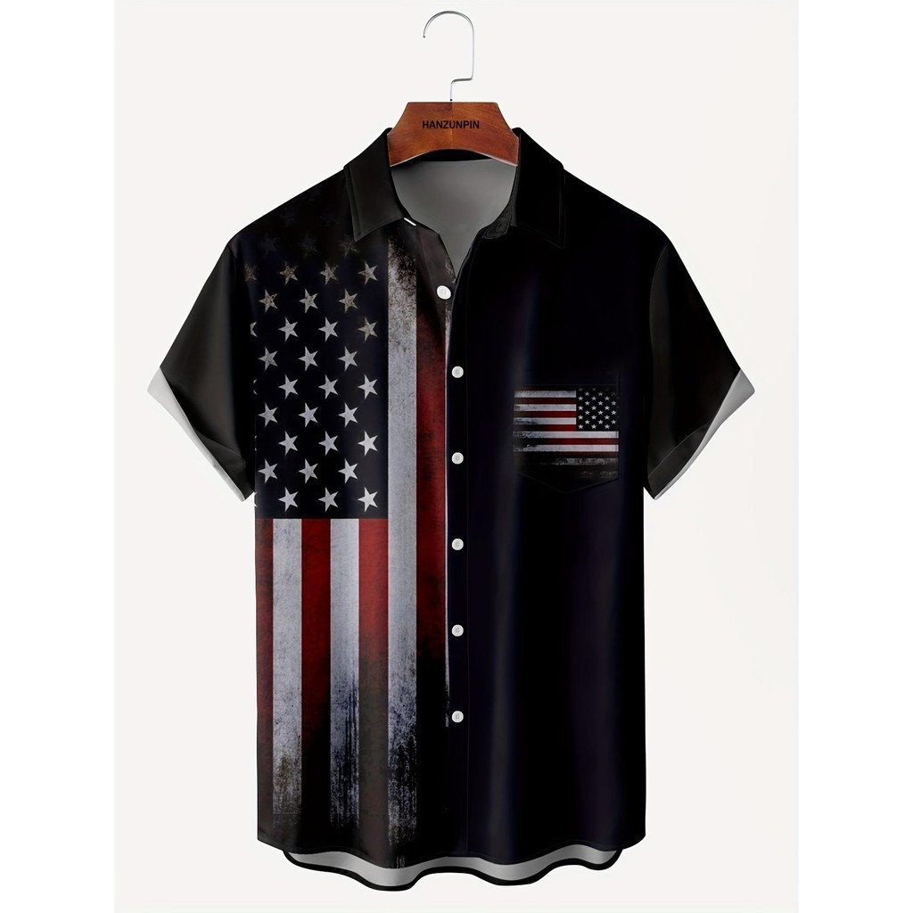เสื้อเชิ้ตสไตล์วินเทจสําหรับผู้ชายเสื้อเชิ้ตแขนสั้นพิมพ์ลายกราฟฟิคธงชาติอเมริกัน 3ง สําหรับผู้ชายพลัสไซส์