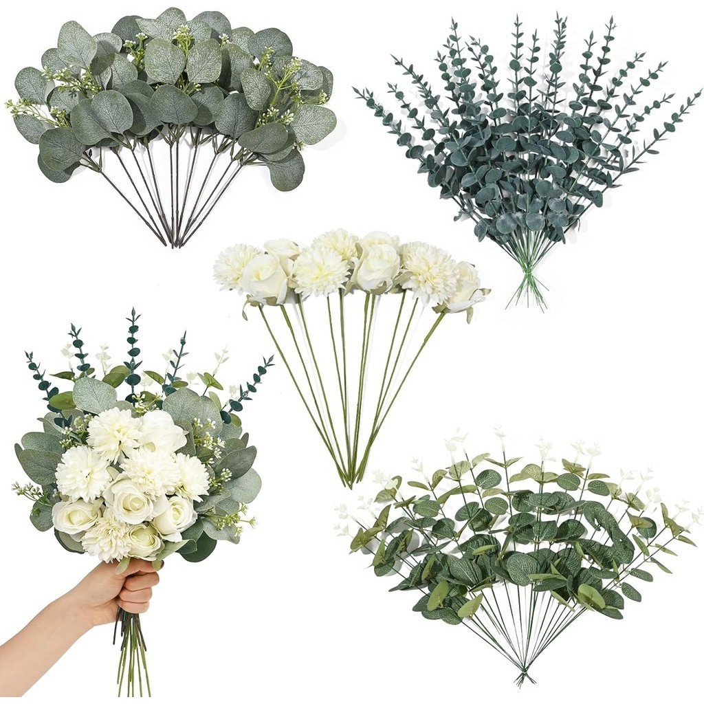 5/10 ชิ้นเจ้าสาวช่อดอกไม้ประดิษฐ์ Eucalyptus Stems ดอกไม้ปลอม Eucalyptus Stems ใบ Eucalyptus Greenery Stems สําหรับงานแต่งงานตกแต่งแจกันดอกไม้ Centerpiece