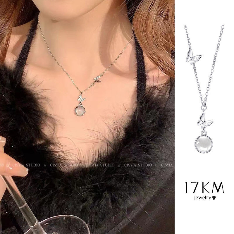 17km Moonstone สร ้ อยคอ Elegant Butterfly Silver Chain Choker สําหรับผู ้ หญิงเครื ่ องประดับอุปกรณ ์ เสริม