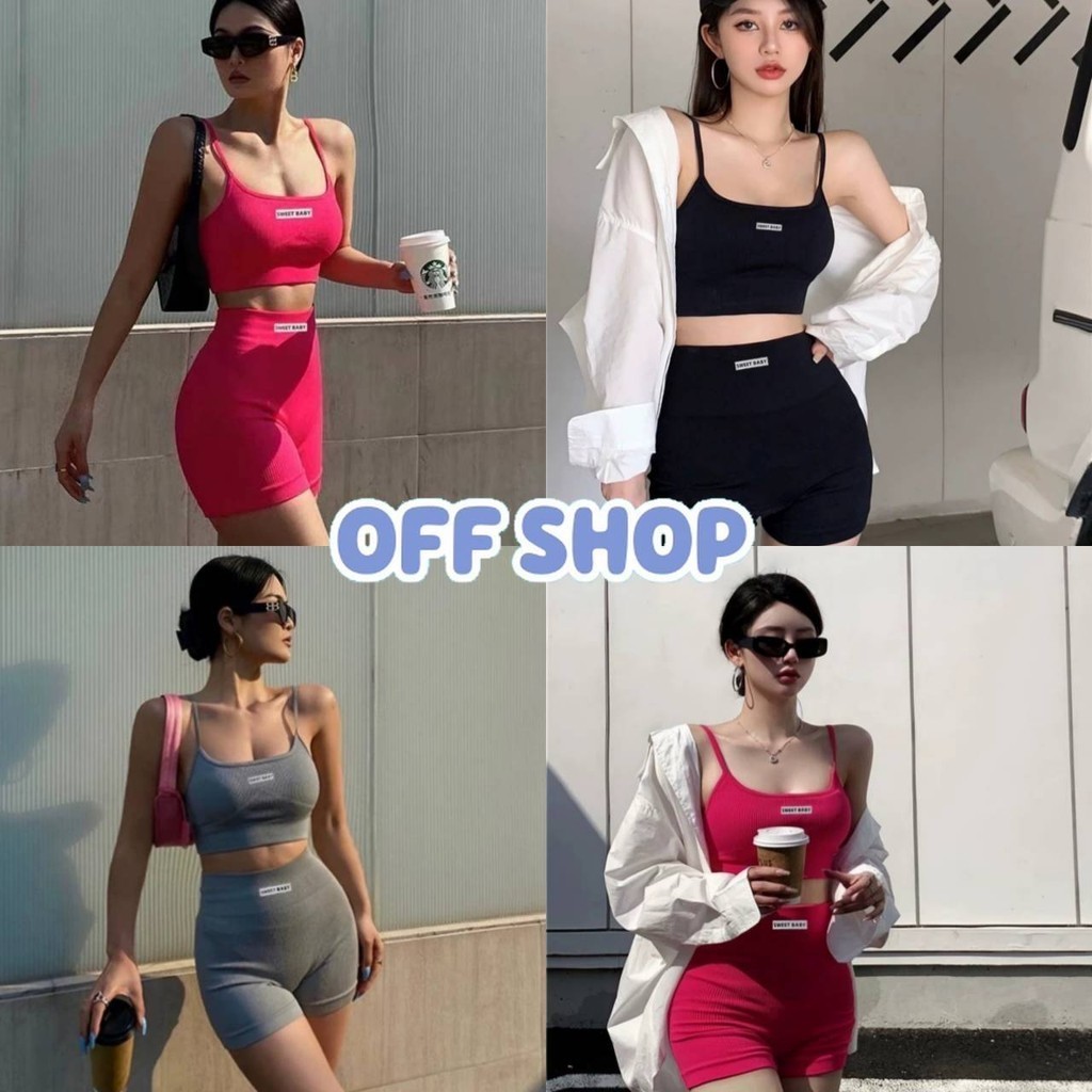 OFF SHOP พร้อมส่ง (OFF-FY1778-J) ชุดออกกำลังกาย ทรงรัดรูป เสื้อมีฟองน้ำ+กางเกงขาสั้น น่ารัก