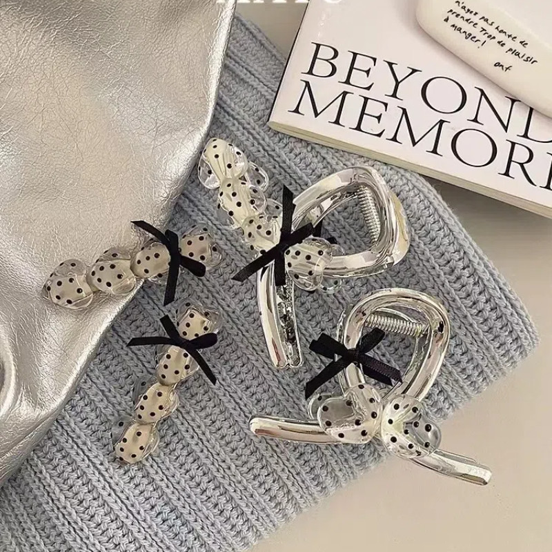 Polka Dot Heart Bowknot Clip Silver High-grade Temperament Shark Clip สําหรับผู้หญิง