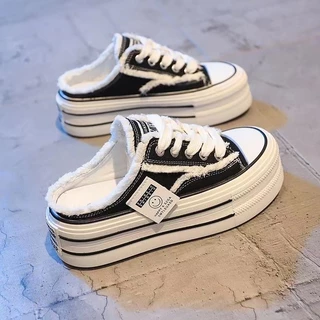 ผ้าใบ Baotou รองเท้าแตะครึ่งผู้หญิงสไตล์ใหม่หนา Soled สวมใส่ด้านนอกคนขี้เกียจไม่มีส้นด้านในเพิ่มความสูงสีขาว