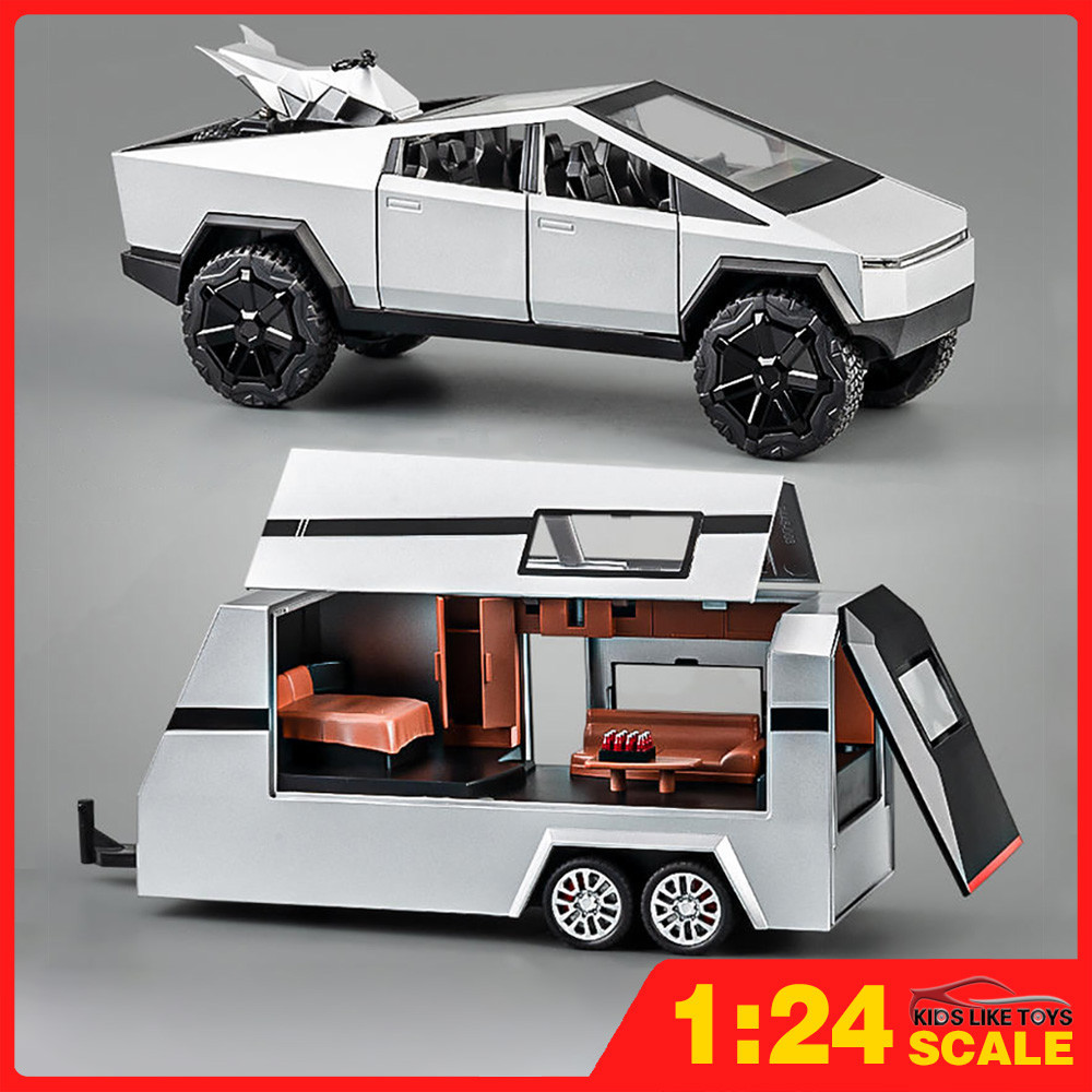 Klt 1:24 Tesla Cybertruck Pickup Trailer RV โลหะของเล่นรถรุ่นรถ Diecast สําหรับเด็กเด็กจําลองเสียง Light Effect ของขวัญงานอดิเรกคอลเลกชัน