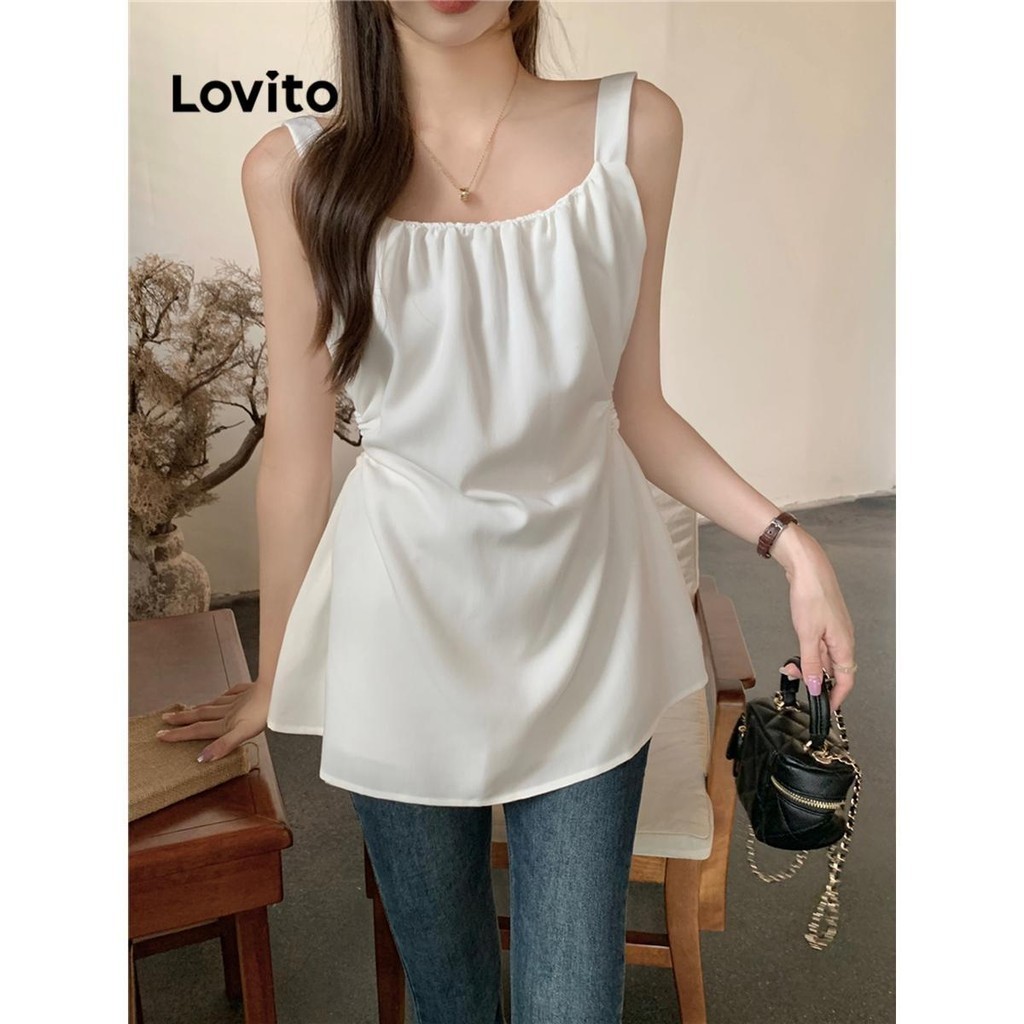 Lovito เสื้อเบลาส์ผู้หญิง แบบคัทเอาท์ สีพื้น สไตล์ลำลอง LNE50530