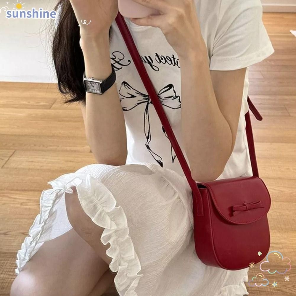 Ssunshine กระเป๋าสะพายสไตล์บัลเล่ต์, กระเป๋าหนัง PU Bowknot, กระเป๋าถือสไตล์เกาหลี Travel Phone Bag กระเป๋าสะพายข้างผูกโบว์สีแดง