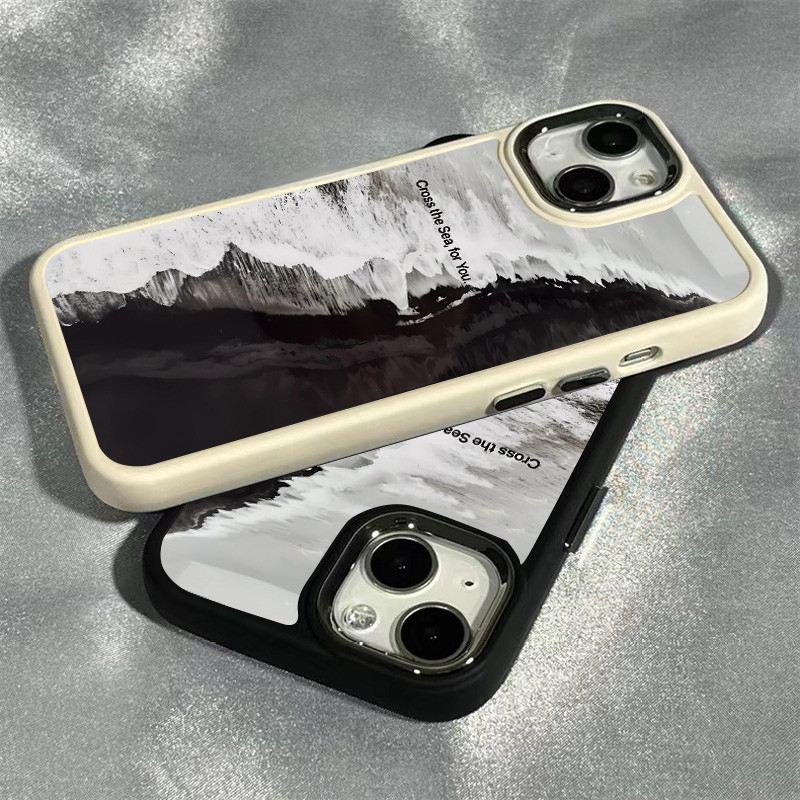 ภาพวาดสีน้ํามันสีดําชายหาดเคสโทรศัพท์สําหรับ IPhone 7 8 8Plus 11 12 13 14 15 Pro Max X XS XR SE 2020 เลนส์โลหะกันกระแทก