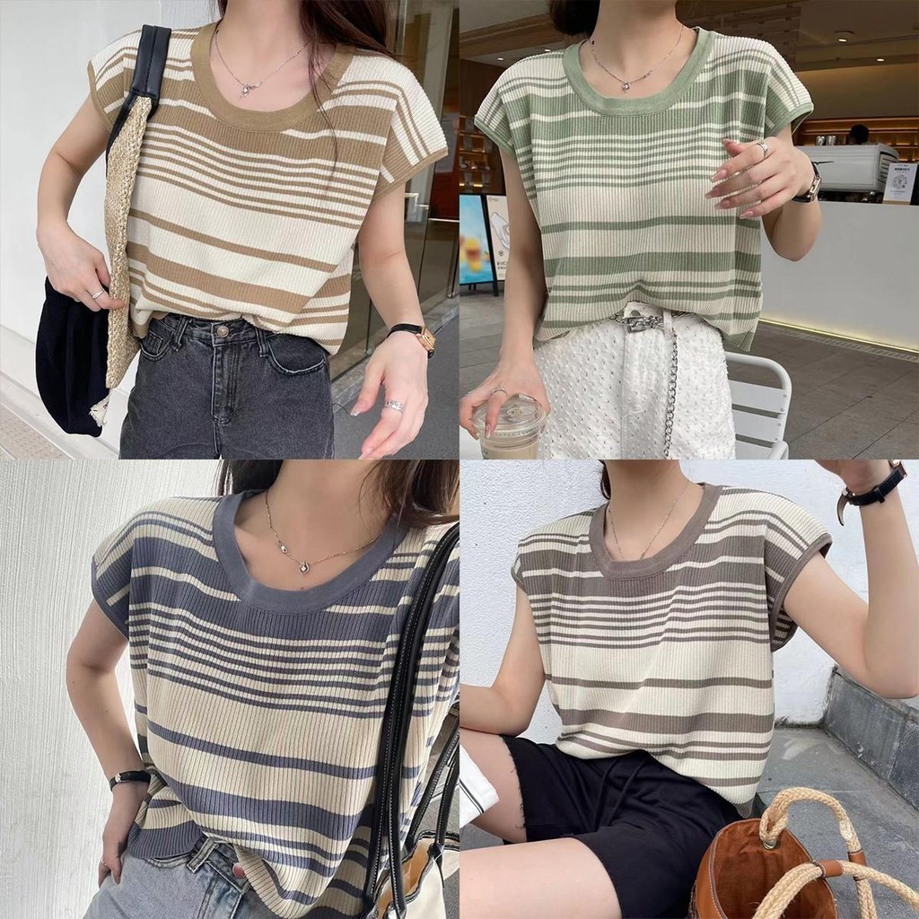 Lune_Graceเสื้อยืดไหมพรมแขนสั้นลายทางเส้นใหญ่เล็ก คอกลมฉลุ สวยน่ารัก รุ่นTA126