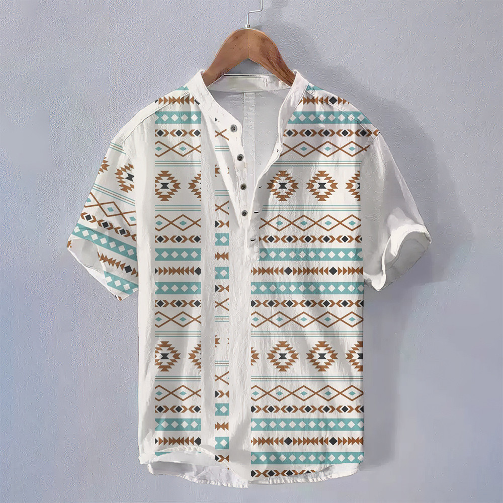 ฤดูร้อนสไตล์ชาติพันธุ์ชนเผ่าชายยืนขึ้นปกเสื้อแขนสั้นดอกไม้รูปแบบเรขาคณิตพิมพ์เสื้อผ้าย้อนยุคหลวมระบายอากาศขนาดใหญ่โบฮีเมียนเสื้อโปโลส