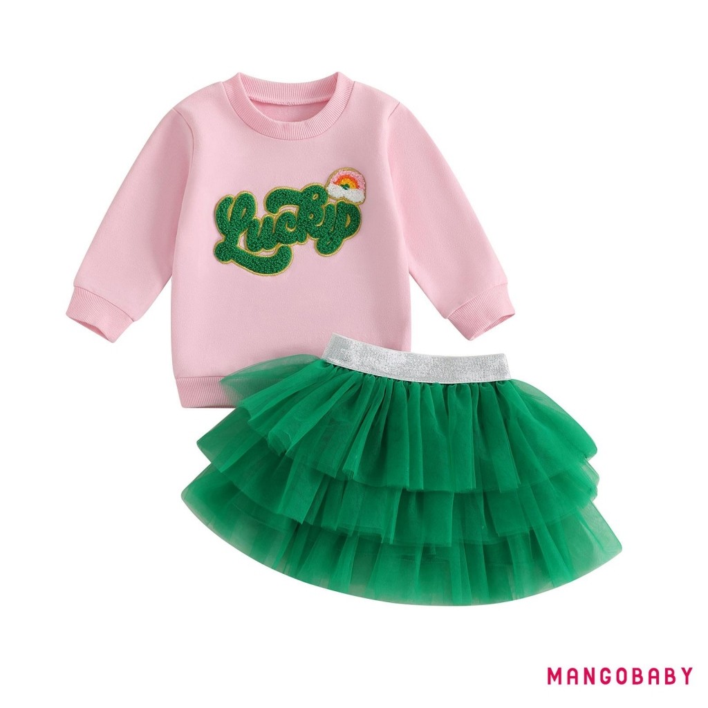 Mg-toddler Girls Spring Set Long Sleeve Letter เย็บปักถักร้อยเสื้อกันหนาว + ชุดกระโปรง Tiered Baby I