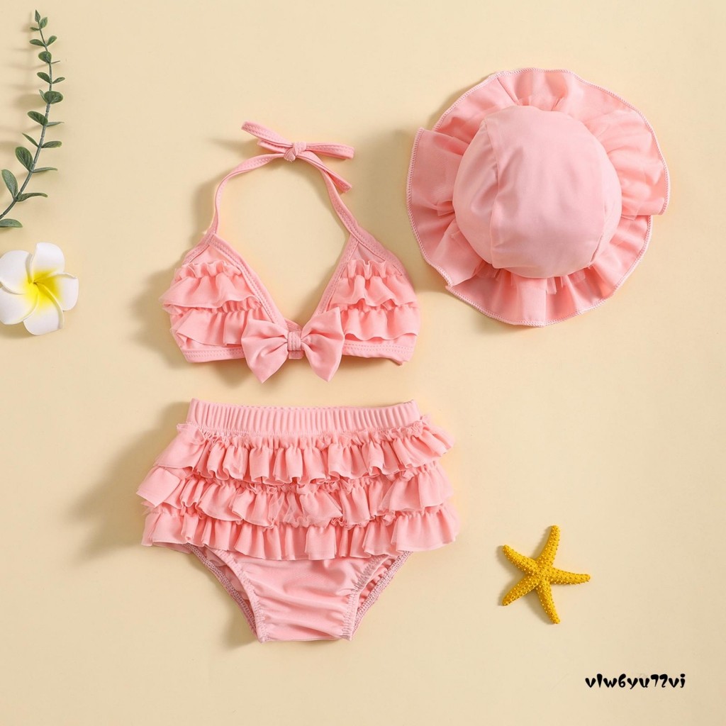 JHKY-ชุดว่ายน้ำฤดูร้อนสำหรับเด็กผู้หญิง เสื้อคอตั้ง + กางเกงขาสั้นระบายหลายชั้น + หมวก