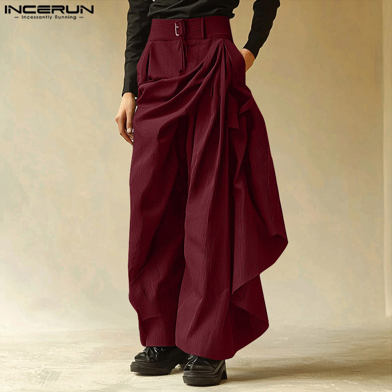 Incerun ผู้ชายอินเทรนด์เกาหลี Pleats Patchwork Design กางเกงขากว้างแข็ง - รูปที่ 4