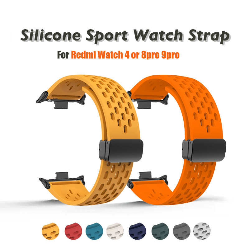 สายซิลิโคนสําหรับ Redmi watch 4/8 9 pro หัวเข็มขัดแม่เหล็กสําหรับ Mi band 8 9 pro Correa Breathable สร้อยข้อมืออุปกรณ์เสริม