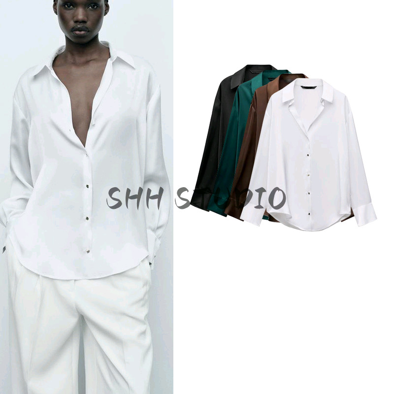 เสื้อเชิ้ตเนื้อผ้าไหมซาตินแขนยาว Zara Lapel 2074580