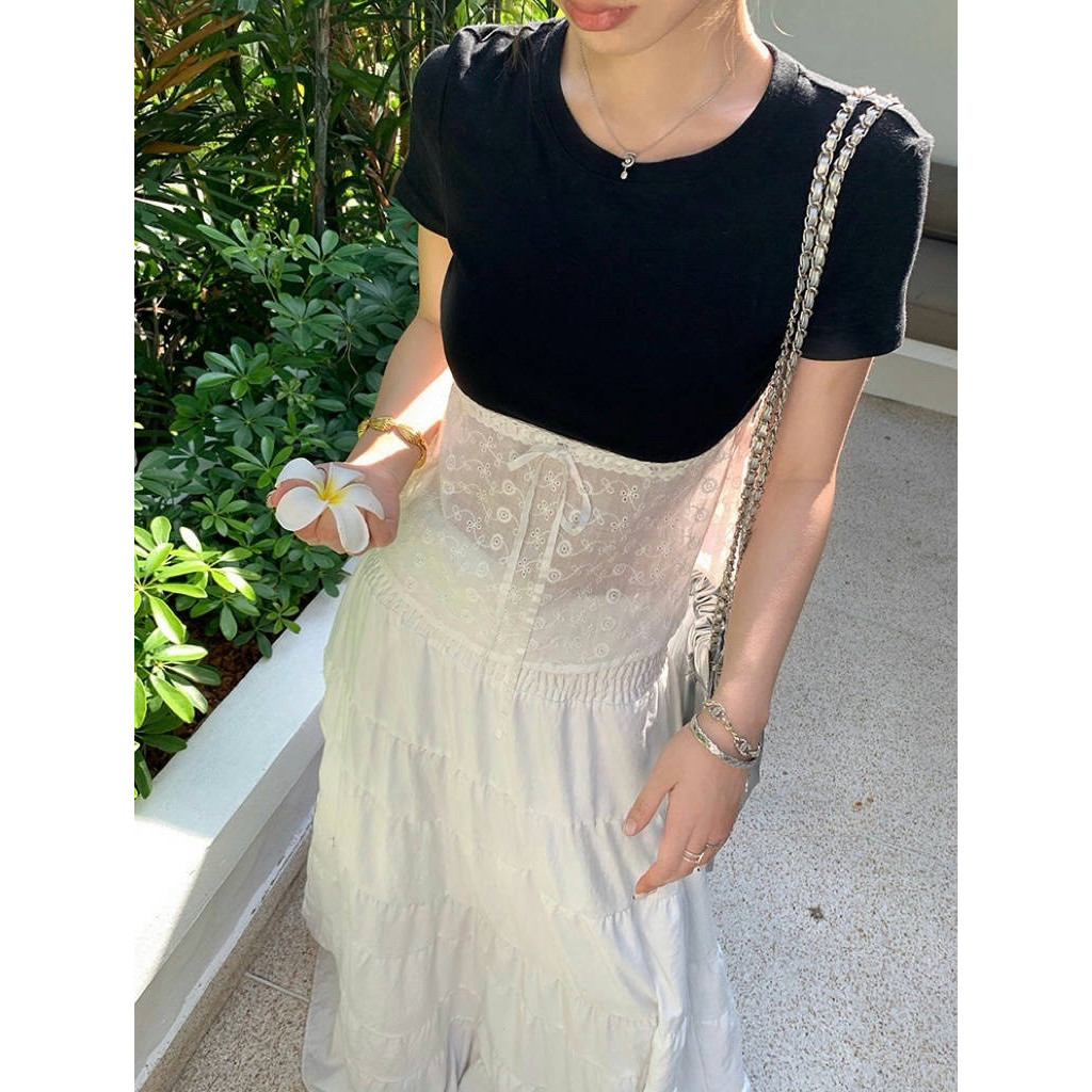 เกาหลี Crewneck ลูกไม้เย็บ Drawstring Tie เสื้อยืดแขนสั้น - รูปที่ 4