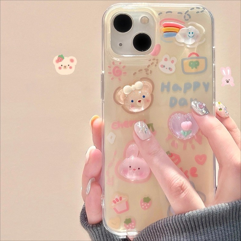 สําหรับiphone 16 15 14 13 12 11 Pro Max X XR XS Max 7 8 Plusน่ารักหมีกระต่าย 3Dตุ๊กตาสร้อยข้อมือเคสโทรศัพท์ปกอ่อน