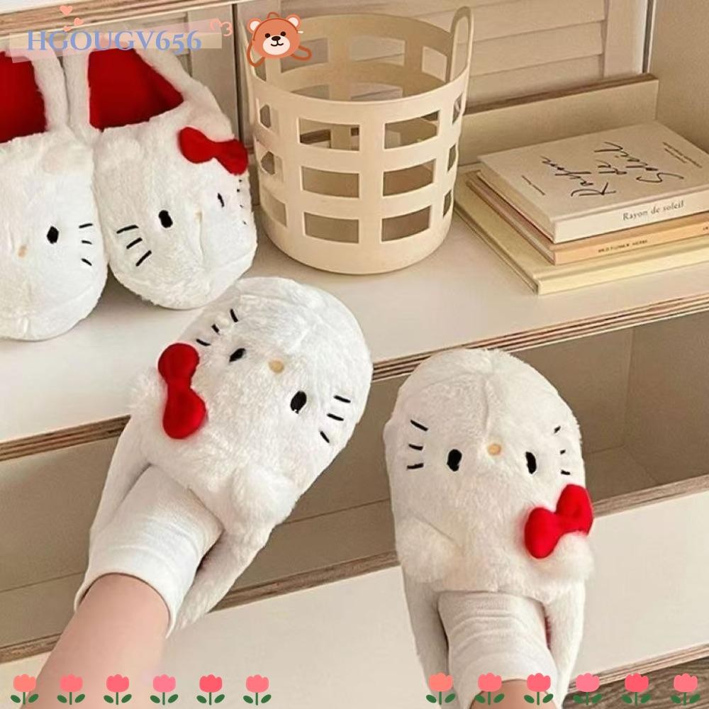 Hgougv656 รองเท้าแตะ Hello Kitty, ฤดูหนาวที่อบอุ่นลื่นรองเท้าแตะ Sanrio Plush, แฟชั่นคุณภาพสูงป้องกันกลิ่นน่ารักโบว์รองเท้าแตะผู้หญิงปี Xmas