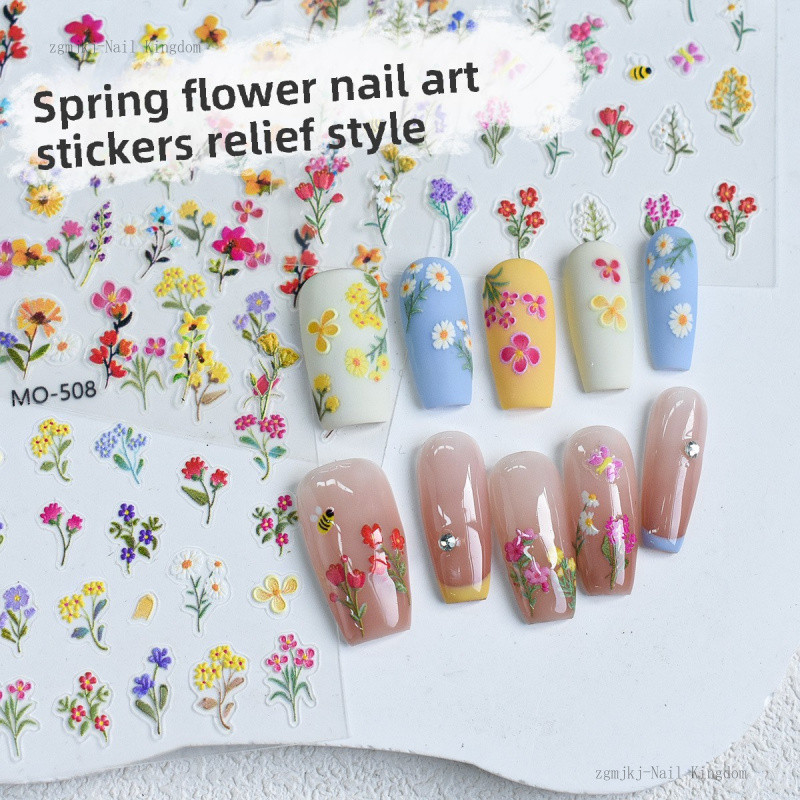 สติ๊กเกอร์ติดเล็บลายดอกไม้ป่าฤดูใบไม้ผลิ / สติ๊กเกอร์ติดเล็บลายดอกเรพซีดเดซี่ 3 มิติ / อุปกรณ์ DIY