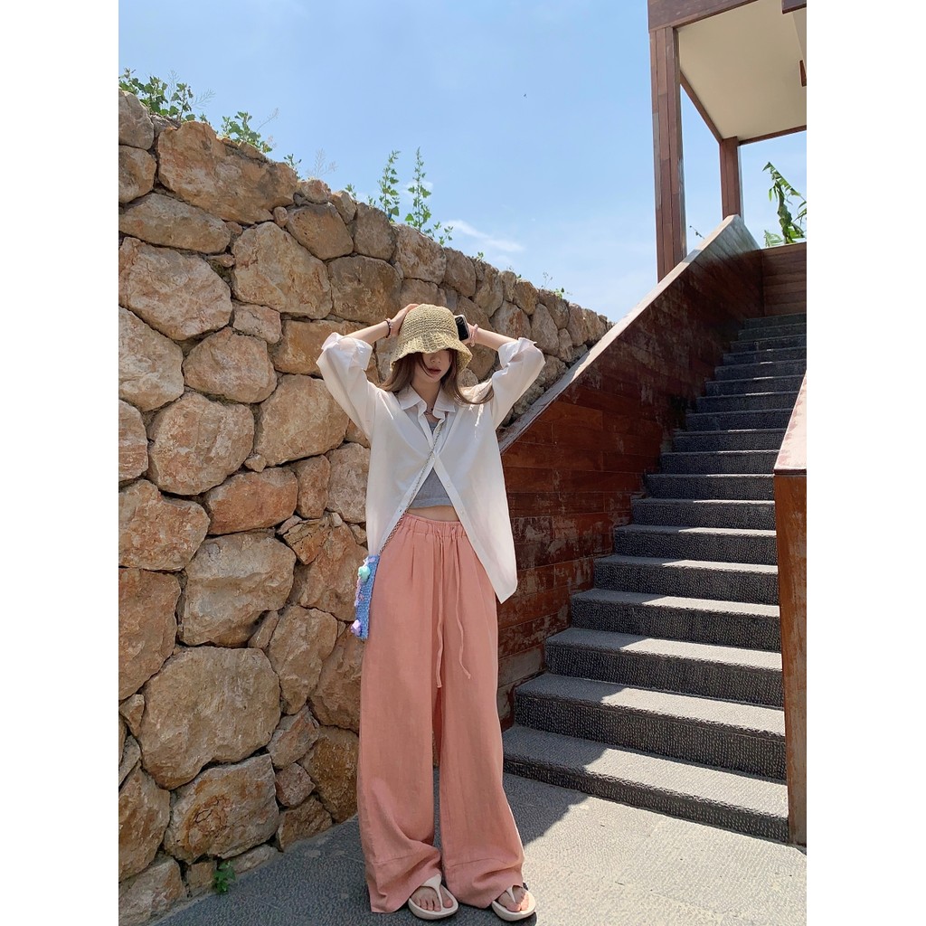 Luna Shop กางเกงลําลองผู้หญิง กางเกงขาตรงเชือกรูด หลวมๆ เรียบง่าย เนื้อผ้าบางใส่สบาย สไตล์เกาหลี 🍒 พร้อมส่ง 💕 - รูปที่ 7