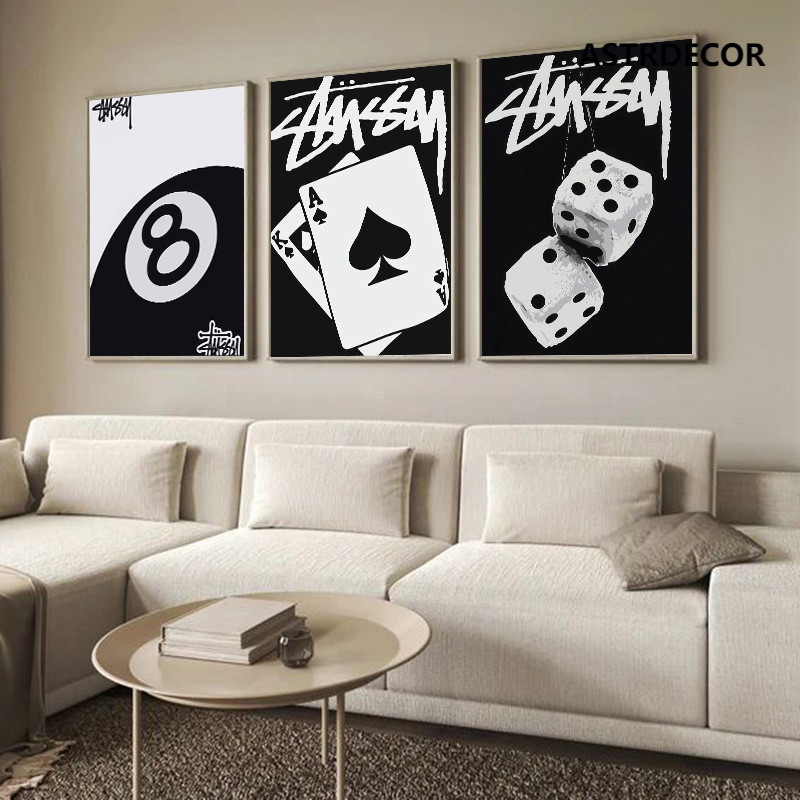ลูกเต๋า NO.8 Ball สีดําและสีขาว Wall Art โปสเตอร์พิมพ์ Nordic บิลเลียด Club ความงามผ้าใบภาพวาดสําหรับห้องนั่งเล่นตกแต่งบ้าน