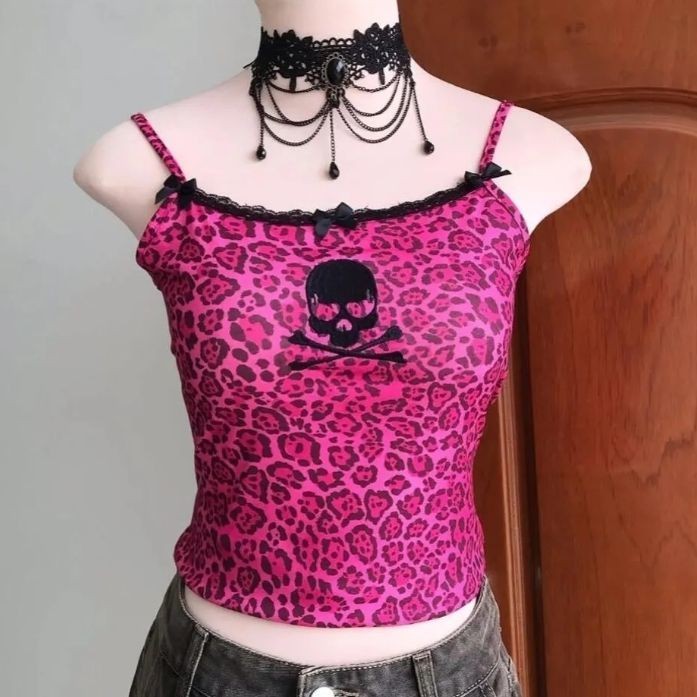ผู้หญิง Y2K Pink Leopard Camiso แฟชั่นพิมพ์เสื้อยืดแขนกุดรสเผ็ด