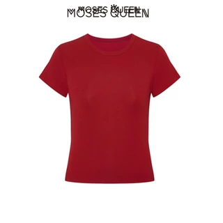 < MOSESQUEEN > เสื้อยืดไหล่ยืดหยุ่นสําหรับผู้หญิงในช่วงฤดูร้อนสลิมฟิตเอวหยิกแขนสั้นรอบคอด้านบนเสื้อผ้าสาวเลดี้ #62126