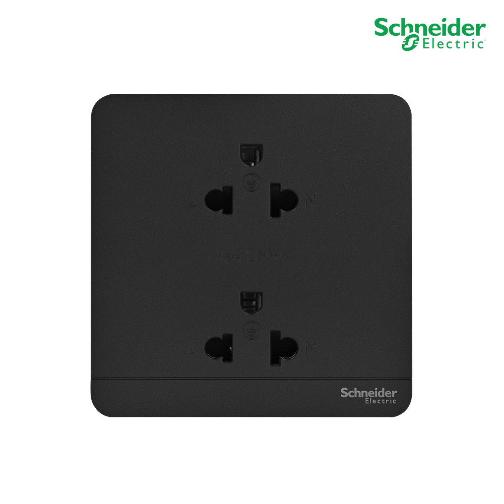 Schneider เต้ารับคู่มีกราวด์ มีม่านนิรภัย ปลั๊กไฟ Socket สีดำ รุ่น AvatarOn E | PlugOn