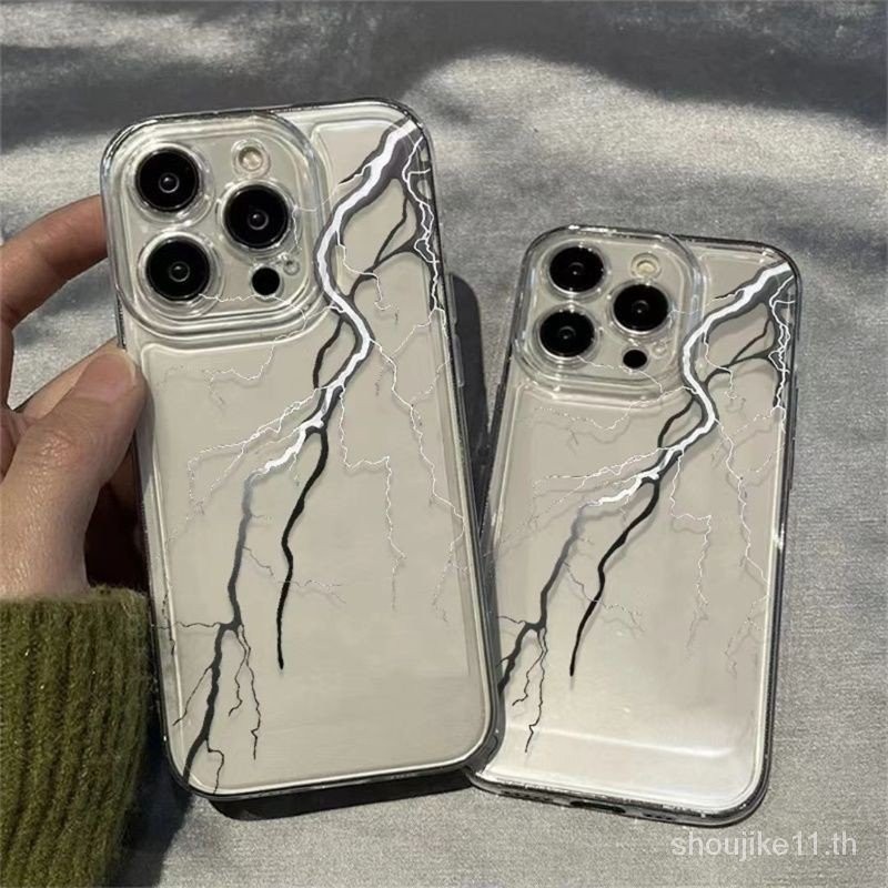 เคสโทรศัพท์มือถือนิ่ม แบบใส ลายสายฟ้า สีดํา เรียบง่าย สําหรับ iPhone Apple 15promax 14promax 11 12pro 13max GBGR