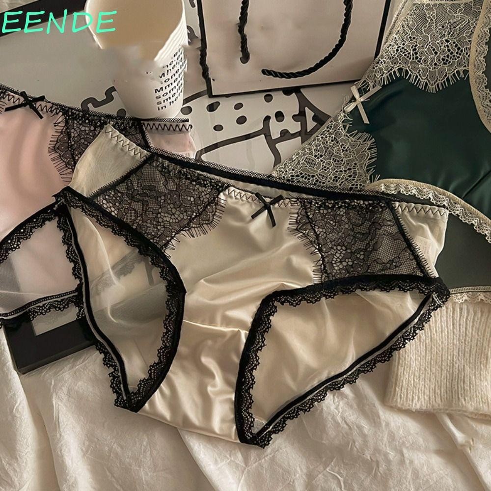 Eende กางเกงชั้นใน ผ้าฝ้าย ไร้รอยต่อ เอวกลาง ประดับโบว์ ลูกไม้ ระบายอากาศ สําหรับผู้หญิง