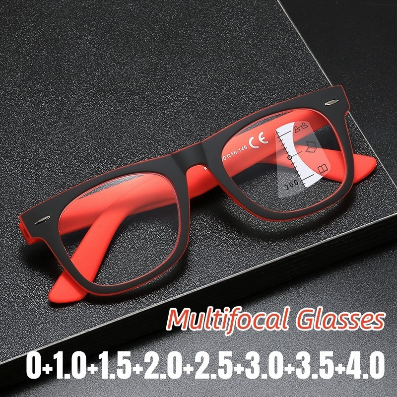 Unisex แฟชั่น Multifocal แว่นตาอ่านหนังสือความละเอียดสูง Anti-blue Light สแควร์กรอบ.Progressive Presbyopia 0 +4.0
