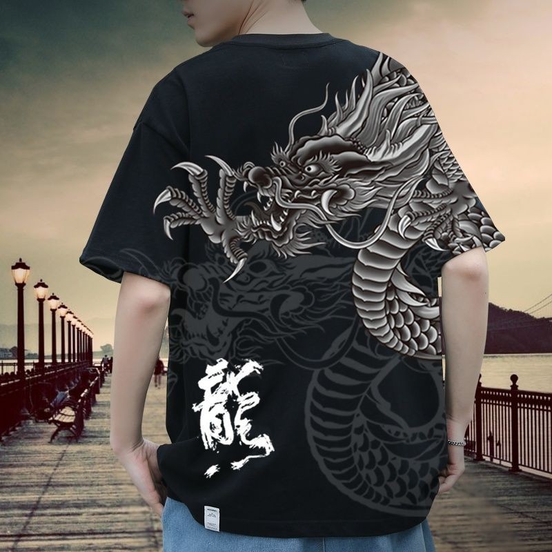 เสื้อยืดแขนสั้นลําลอง ทรงหลวม พิมพ์ลายมังกรจีน ขนาดใหญ่ สีดํา แฟชั่นเรโทร สําหรับผู้ชาย