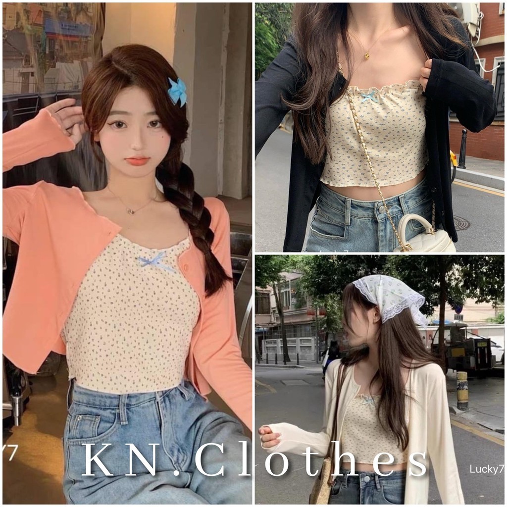 KN.Clothes ชุดเซ็ต2ชิ้น เสื้อคลุมกระดุมหน้า เสื้อสายเดี่ยว แต่งลูกไม้ ลายหัวใจ - รูปที่ 3