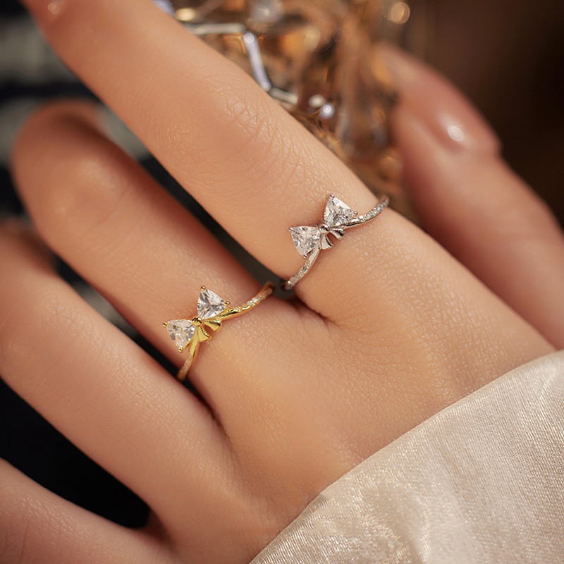 สไตล ์ เกาหลีผู ้ หญิง S925 เงินทอง Bowknot ทองแดงเพทายเพชรแหวนแต ่ งงานแฟชั ่ นอุปกรณ ์ เสริม
