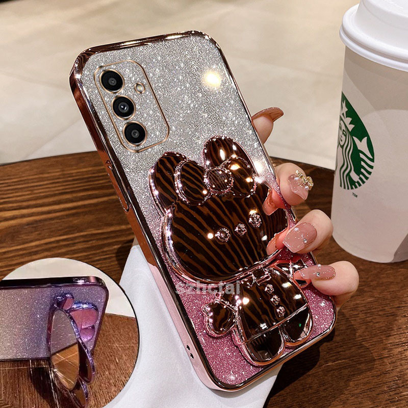 เคส Samsung A15 A25 A35 A55 กลิตเตอร์ วิบวับ ชุบไฟฟ้า ขอบตรง พร้อมขาตั้งกระจก กระต่ายน่ารัก