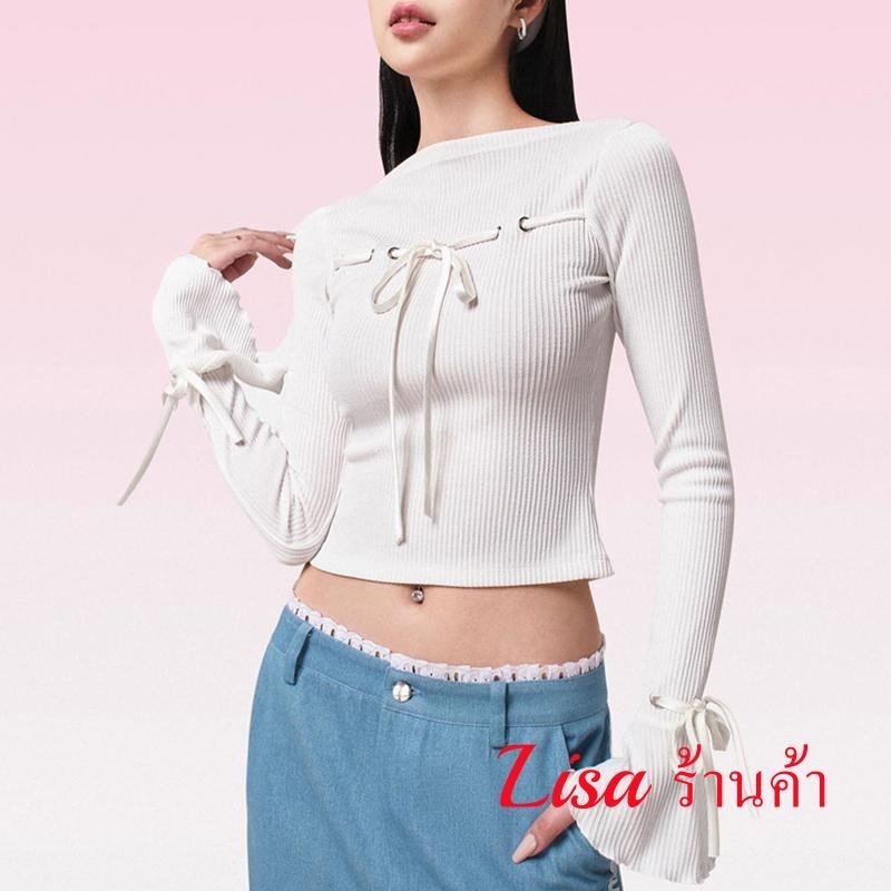 ผู้หญิงแขนยาว Crop Tops สีทึบ Ribbed Bow Tie-Up Casual เสื้อยืดฤดูใบไม้ผลิฤดูใบไม้ร่วง SLIM FIT เสื้อ Streetwear