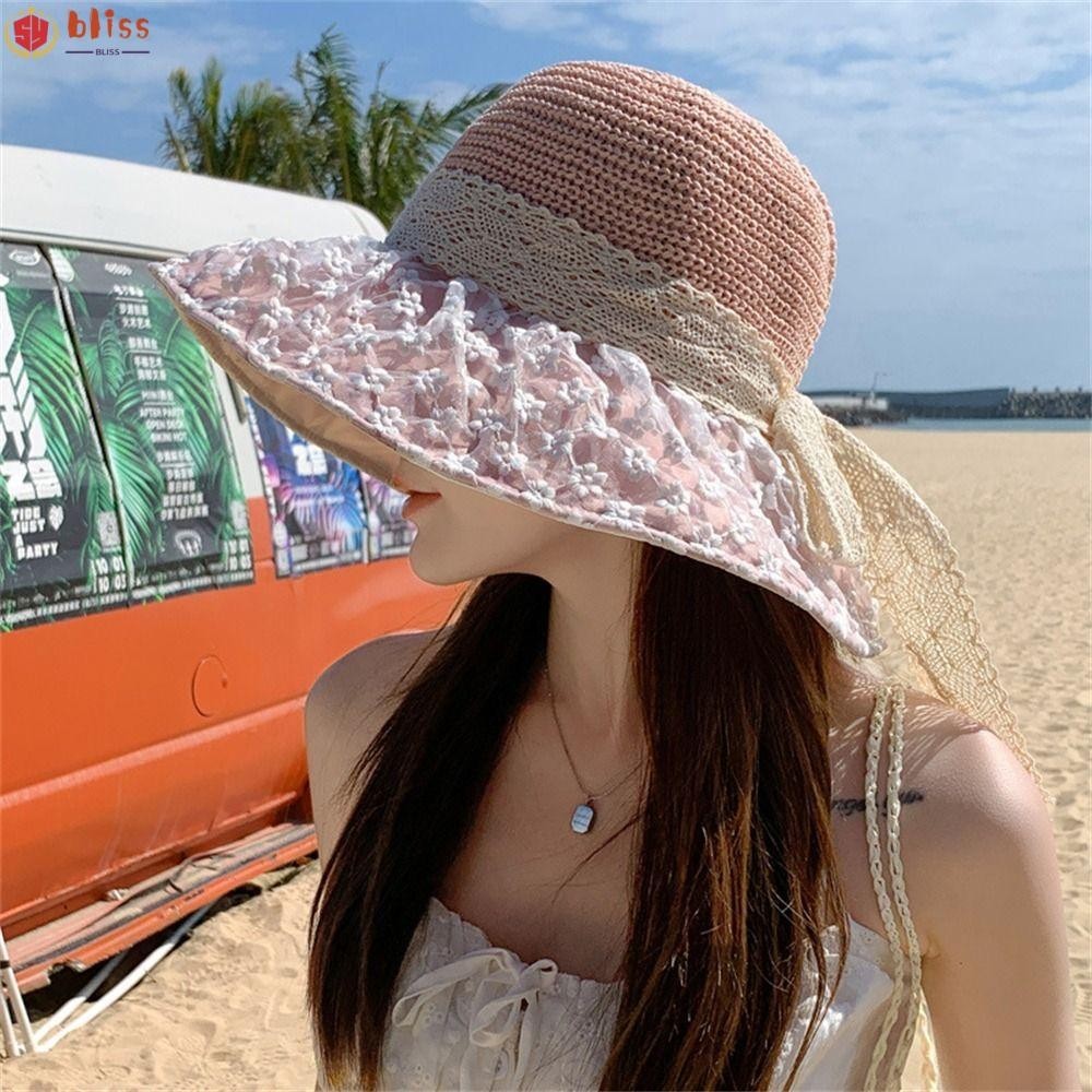 Blliss Sun Hat, UV Protection Mesh Lace Sun Protection Hat, Leisure Bowknot Sunscreen Basin Hat Summer