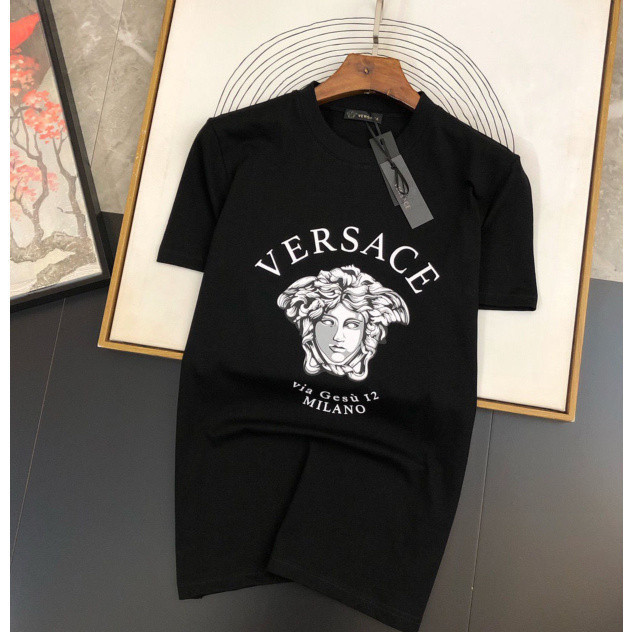 [S-5XL] ตัวอักษร Versace ผู้ชายอินเทรนด์แขนสั้นผ้าฝ้าย 100% เสื้อยืดคอกลมเยาวชน / ลำลอง / สวมใส่สบาย