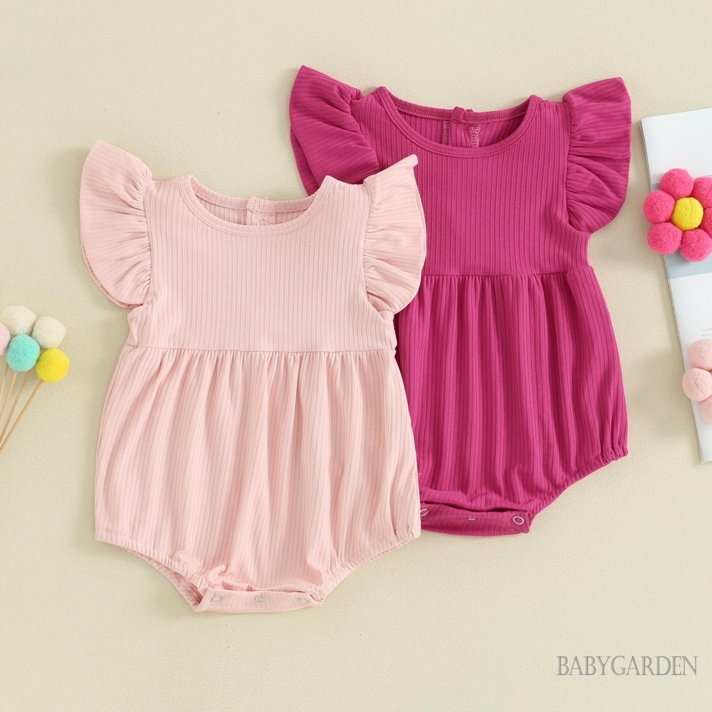 Bga-baby Girls Summer Romper สีทึบ Ribbed Fly Sleeve รอบคอ Jumpsuit เสื ้ อผ ้ าเด ็ กทารก