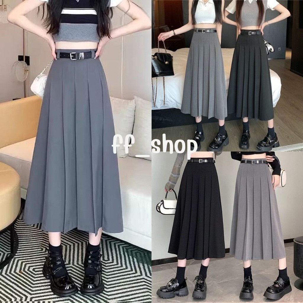 🛒FF.shop🛒กระโปรงทรงพลีทยาว อัดจีบหน้า(แถมเข็มขัด)  #DS822