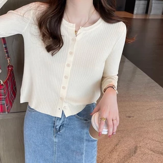 ครีมกันแดดคาร ์ ดิแกนผู ้ หญิงฤดูร ้ อนสไตล ์ ใหม ่ หลวมสั ้ นคอวีเสื ้ อแจ ็ คเก ็ ตแขนยาว
