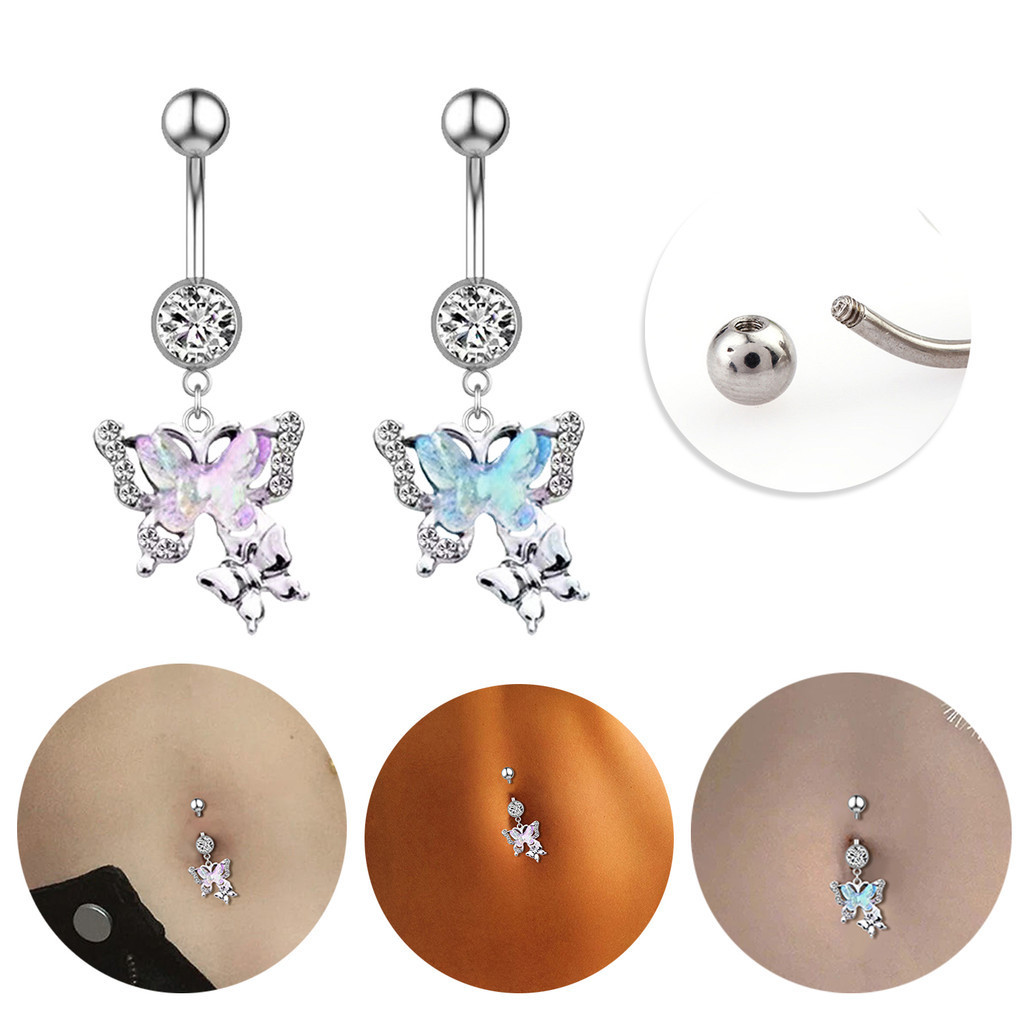 （คลังสินค้าไทย）1pc Pink/Blue คริสตัลผีเสื ้ อ Navel แหวนสแตนเลส Gradient Cubic Zircon Body Piercing เครื ่ องประดับสําหรับผู ้ หญิง