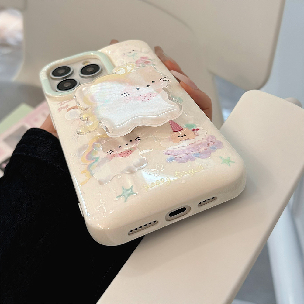 ฤดูร้อนแมวน่ารัก Stand Holder เคสโทรศัพท์สําหรับ IPhone 11 15 14 13 12 Pro Max X XR 8 7 Plus กันกระแทก Soft TPU ฝาหลัง