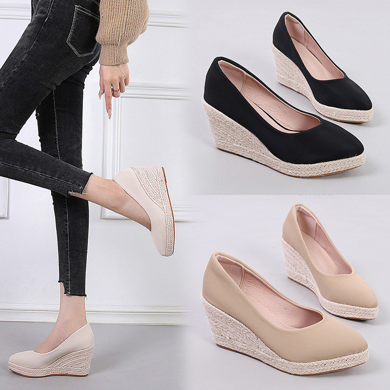 ฤดูใบไม้ผลิฤดูใบไม้ร่วงสไตล์ใหม่ Pointed Toe Wedge Heel ปั๊มผู้หญิงรองเท้าส้นสูงหนา Soled ฟางกัญชาเชือก-Soled ต่างประเทศ Tra