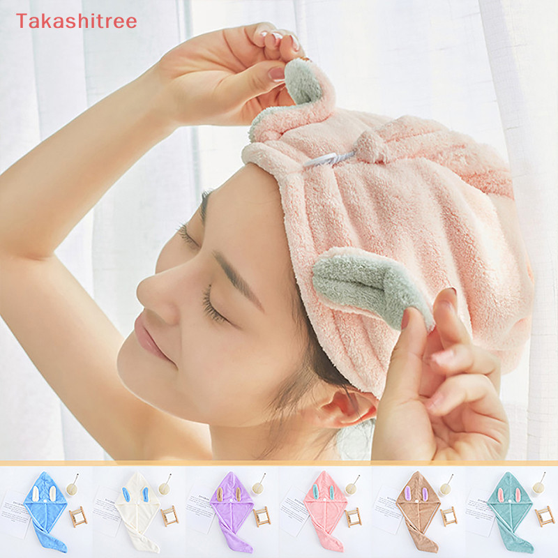 (Takashitree Looping Cute Bunny Hair Drying Cap Coral Velvet Super Absorbent Hair Drying Towel Quick Soft Shower Cap Drying Towel